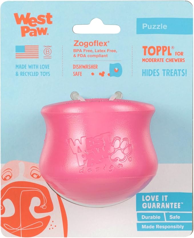 WEST PAW Zogoflex Toppl Interactive Treat Dispensing Puzzle Dog Toy for Mental Stimulation & Enrichment-Holds Kibble & Treats-Lickable, Freezable & Dishwasher Safe-Made in USA-Small-Geranium