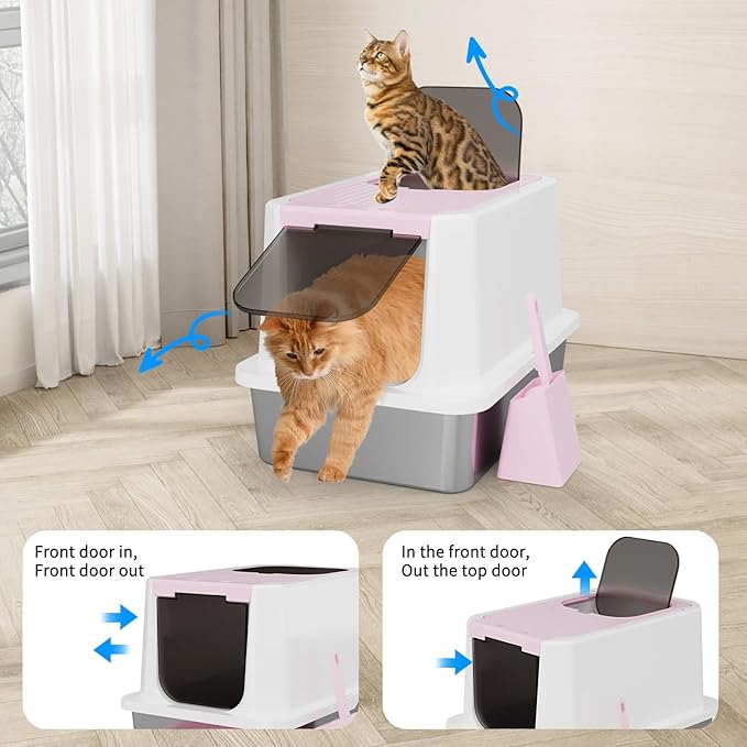 RIZZARI Extra Large Enclosed Cat Litter Box – Pink Stainless Steel Top Entry Litter Pan with Anti-Leak Design, Non-Stick Easy-Clean Surface & Odor Control for Indoor Spaces