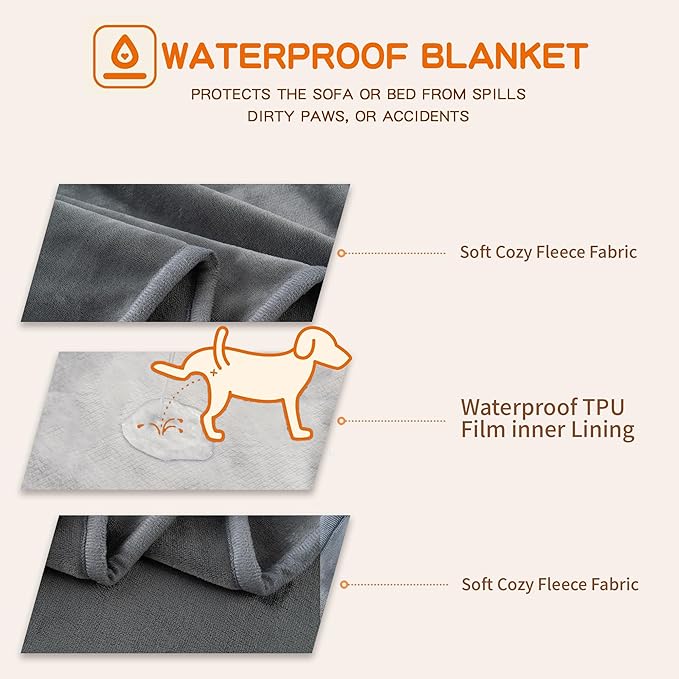 Waterproof Dog Blankets Pet Blanket 50"x60", Soft Fluffy Sofa Car Bed Protector, Reversible Leakproof Flannel Dog Blanket for Large Dogs(Dark Grey)