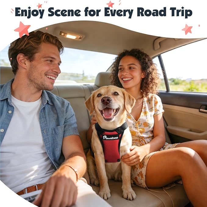 Pawaboo Dog Seat Belt Harness for Car, Dog Car Harness Seatbelt with Double Clips, Adjustable Breathable Pet Vest & Dogs Safety Tether with Elastic Bungee for Small Medium Large Pet, XL, Red+Black