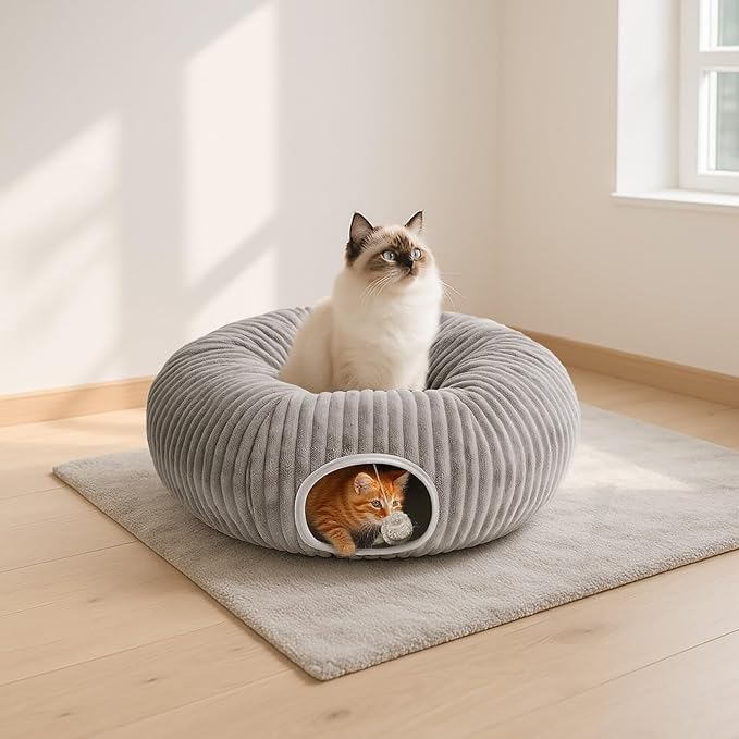 31 Pcs Interactive Cat Toys for Indoor Cats, Cat Tunnel with Moving Ball, Cat Toy Launcher, Catnip Toys, Chew Rope, Feather Wand, Springs and Balls for Indoor Kittens, Grey