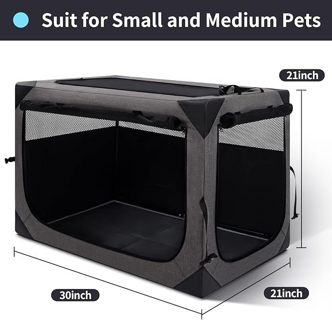Zikopomi 30 Inch Portable Travel Dog Crate, 3 Door Collapsible Soft Pet Kennel with Durable Mesh Windows for Small and Medium Dogs, Foldable Dog Cage with Storage Pocket for Outdoor (Dark Grey)
