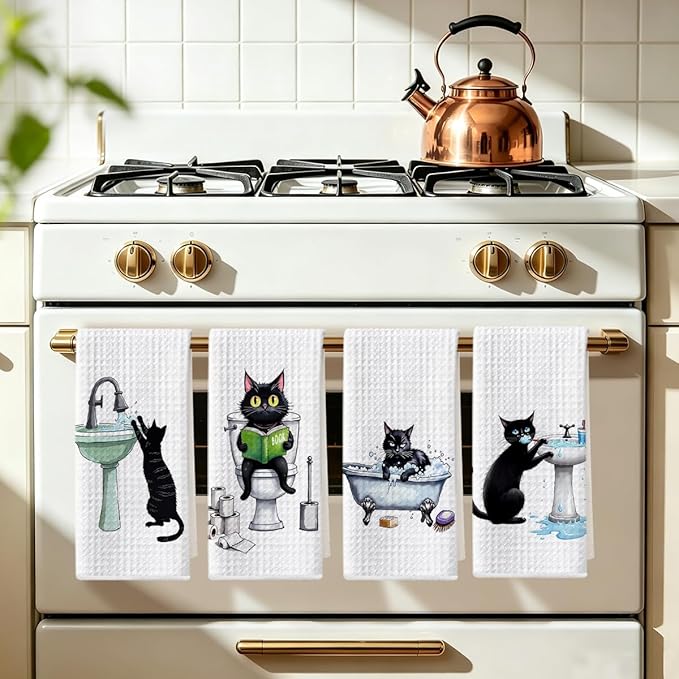 Hanamiya Na 4 Pcs Funny Cat Hand Towel for Bathroom 24x14 Inch, Funny Absorbent Microfiber Dish Cloth Towel, Waffle Weave Hand Towels for Toilet Home Cats Bathroom Decor, Cat Lover Gifts