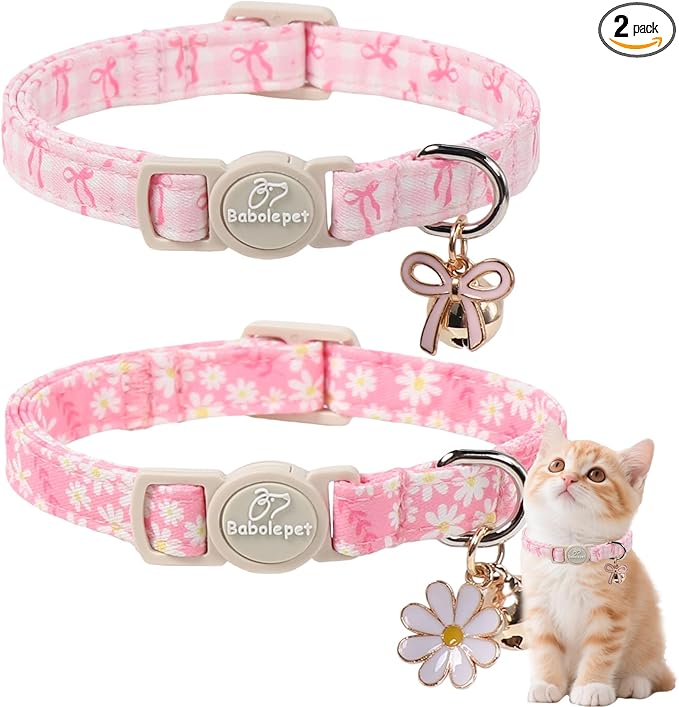 2 Pack Pink Cat Collars - Cute Bow & Daisy Breakaway Cat Collar with Bell & Matching Pendant, Soft Adjustable Spring Summer Girly Kitten Collars for Girl Cats