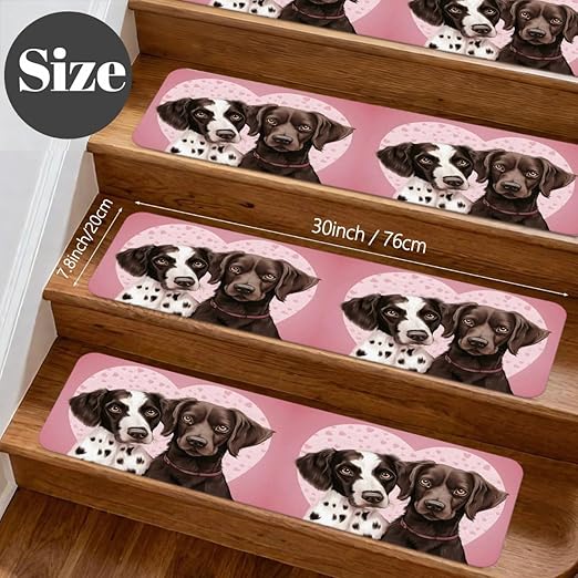 Animal Cute Dog Love Stair Treads for Wooden Steps Indoor Washable Staircase Carpet 1PCS 30"x7.8" Stair Step Treads Non-Slip Staircase Covers Peel and Stick Safety Mat for Kids Elders Pets