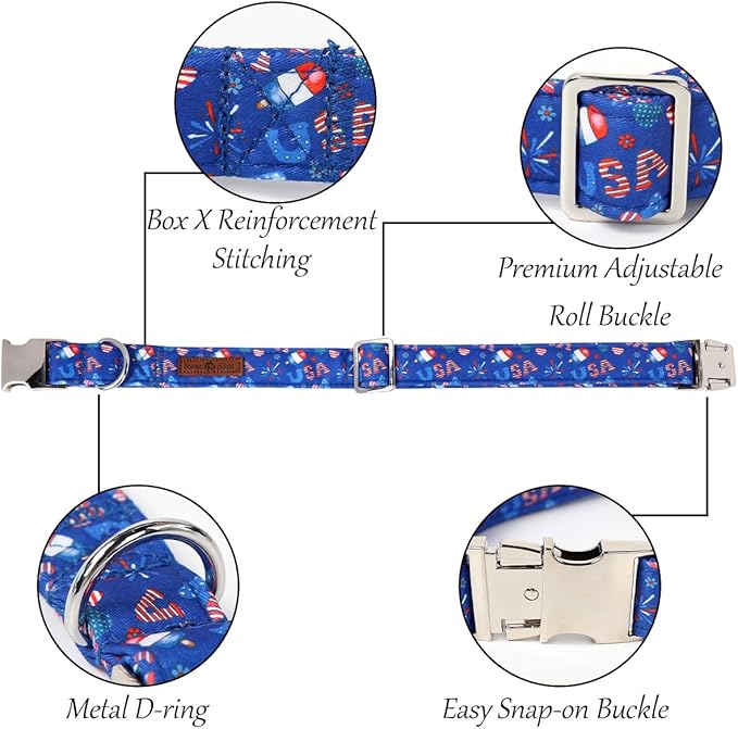 Lionet Paws 4th of July Dog Collar with Bowtie, Cute Summer Blue Dog Collar for Girl for Large Dogs, Adjustable Popsicle Pet Collars for Medium Large Dogs