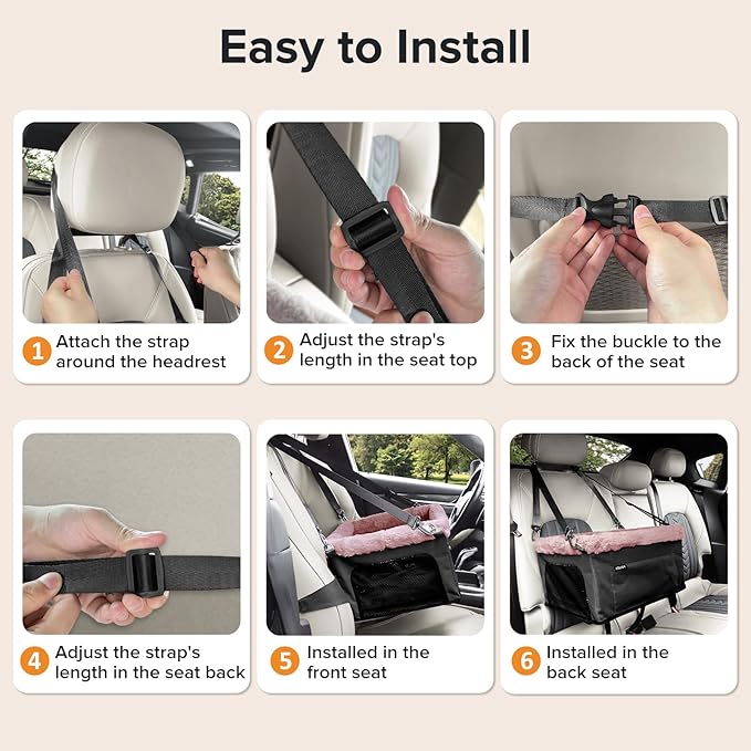 JOEJOY Deluxe Dog Booster Seat with Sturdy Metal Frame and Safety Leash for Small Pets up to 20 lbs - Portable Puppy Dog Car Seat with Thick Cushion and Storage Pockets for Small Dogs, Pink