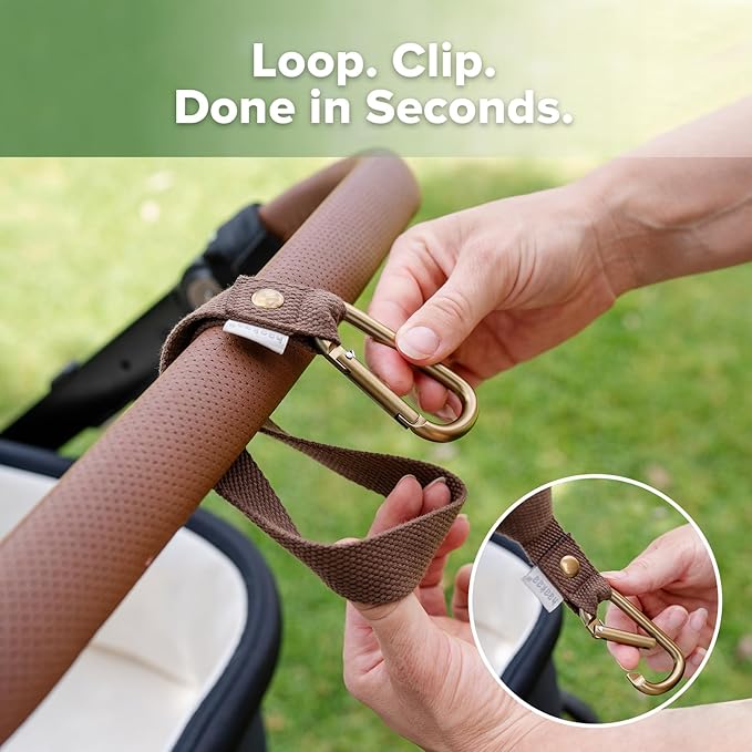 haakaa Baby Stroller Hooks for Bags丨Universal Stroller Straps and Hooks, Non-Slip with One-Hand Opening, Multipurpose Hooks for Diaper Bags, Backpacks, Bikes & Shopping Carts - Brown, 2 Pack