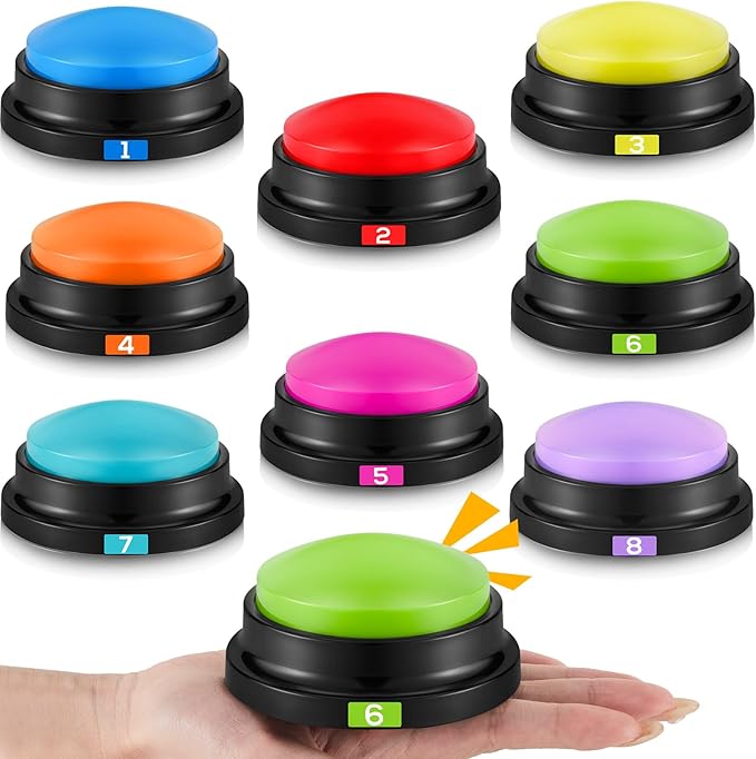Xuhal 8 Pcs Recording Button Buzzers for Trivia Games with Number Recordable Answer Buzzers for Communication Pet Training Gift for Back to School Game Trivia Nights, 8 Colors (Vibrant Color,Simple)
