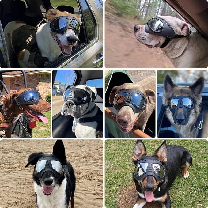 Large Dog Goggles Pet Eyes Protection for Medium to Large Breed, Windproof Snowproof UVproof Dog Sunglasses for Outdoor Hiking/Cycling/Driving, Soft Frame Adjustable Straps, Clear Blue Lens