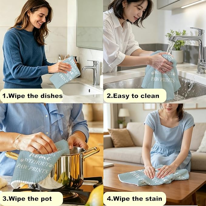 House Warming Gifts New Home, Dog Themed Gift Kitchen Towels 24x14 Inch, Dogs Mom Gifts for Women, Dog Decorations for The Home Bathroom, Paw Prints Kitchen Tea Hand Towels, Waffle Dish Towel (Blue)