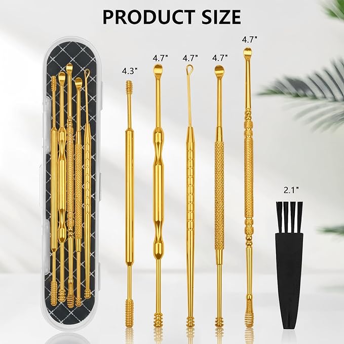 Hion 6 Pcs Extended Ear Wax Removal Kit,Professional Double-Headed Ear Pick Earwax Removal Tools,316L Stainless Steel Ear Cleaner Curette with Cleaning Brush and Storage Box,Suit for Kid Adult(Gold)