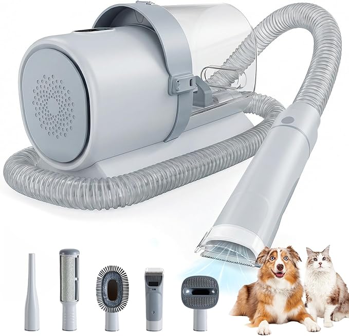 DUMOS Pet Grooming Vacuum Kit, 3 Adjustable Suction Modes Dog Clipper, 5 Professional Grooming Tools with Cordless Low Noise Cat Hair Clippers, 2.5L, Gray