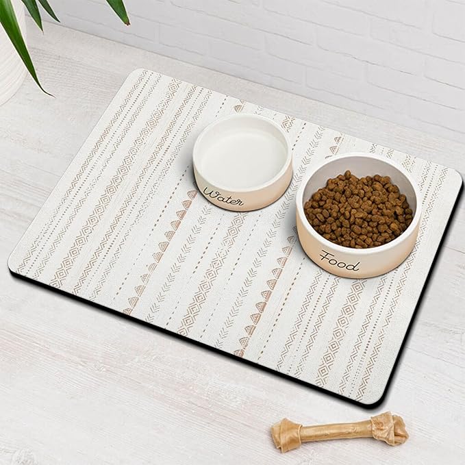 Moroccan Stain Dog Food & Water Mat, Boho Pet Feeding Mat for Floor Non-Slip Waterproof, Super Absorbent Cat Bowl Mat, Easy to Clean Durable Pet Placemat,16" × 24"
