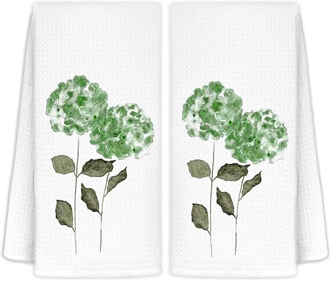 Green Hydrangea Floral Kitchen Towels Set of 2, Hydrangea Decorative Hand Towels for Bathroom, Green Flowers Decor Dish Towels for Kitchen, Floral Gifts, 16x24 in