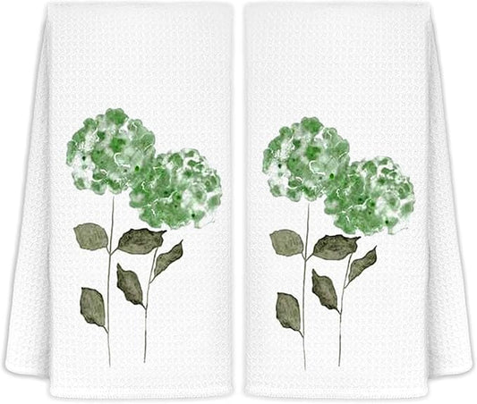 Green Hydrangea Floral Kitchen Towels Set of 2, Hydrangea Decorative Hand Towels for Bathroom, Green Flowers Decor Dish Towels for Kitchen, Floral Gifts, 16x24 in