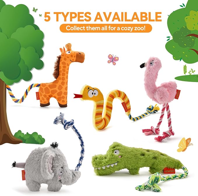 AUSCAT Plush Dog Rope Toy, Durable Squeaky Dog Toys for Puppy Small Medium Dogs (Not for Aggressive Chewers), Crocodile & Giraffe & Flamingo