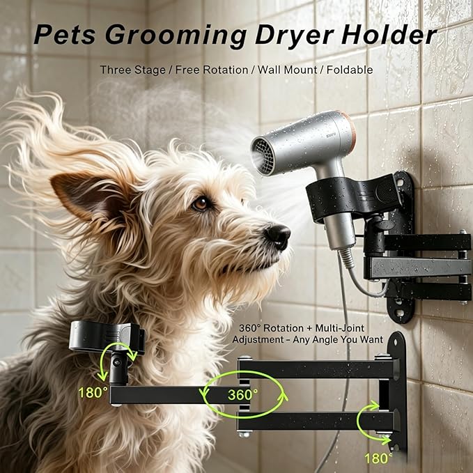 Pet Hair Dryer Wall Mount Stand Hose Tube Holder: Hands-Free Adjustable & Foldable Metal Arm Bracket with Universal Clamp for Dog Cat Grooming, Home & Professional Use
