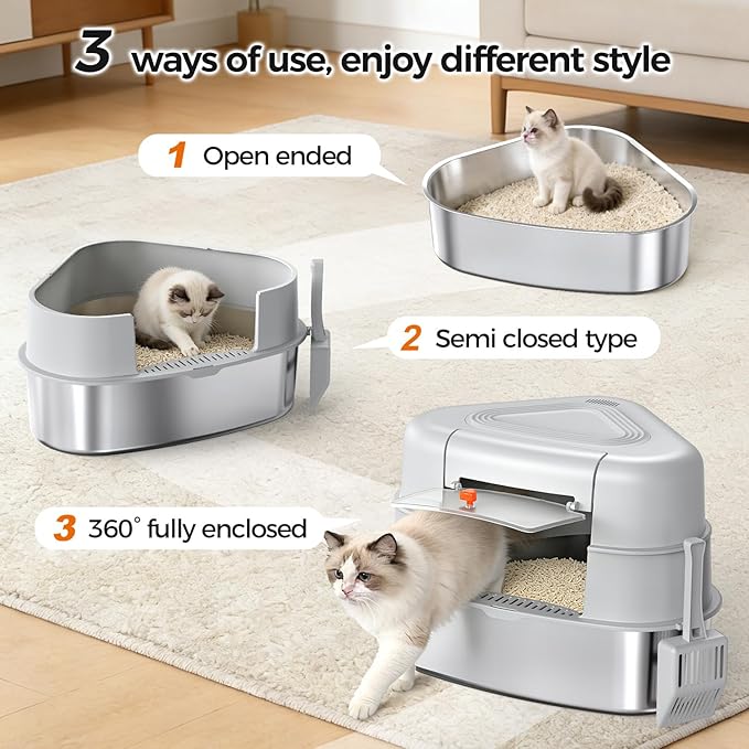Chumajor XXL Stainless Steel Corner Cat Litter Box with Lid - Sturdy, No Odor & Space-Saving Hidden Design for Large Cats, Grey
