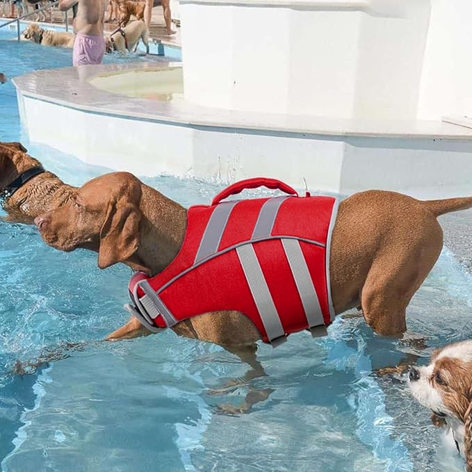 Kuoser Dog Life Jacket with Reflective Stripes, Dog Life Vest for Swimming Boating, Adjustable Pet Lifejackets with High Flotation, Doggie Swimsuit for Small Medium Large Dogs