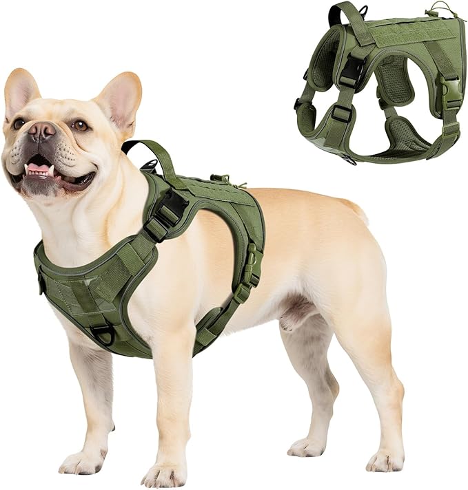VavoPaw Heavy Duty Tactical Dog Harness for Small Dogs, No Pull Adjustable Pet Harness Reflective Service Training Easy Control Pet Vest Military K9 Working Dog Harnesses, Army Green, S