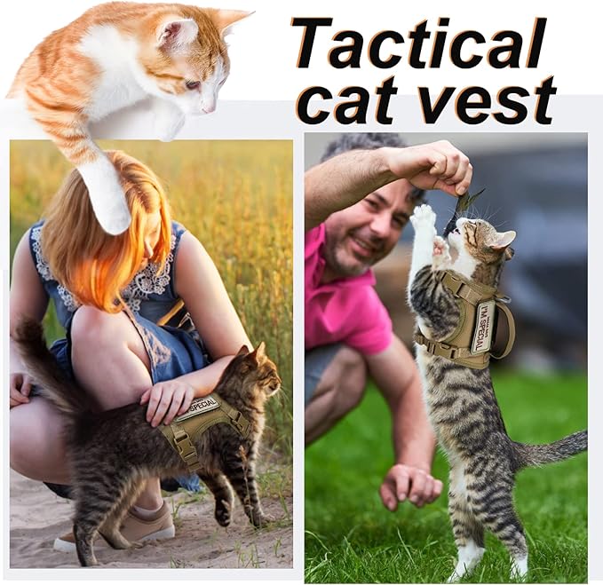 Tactical Cat Harness for Walking Escape Proof, Soft Mesh Adjustable Pet Vest Harness for Large Cat,Small Dog (Medium, Khaki)