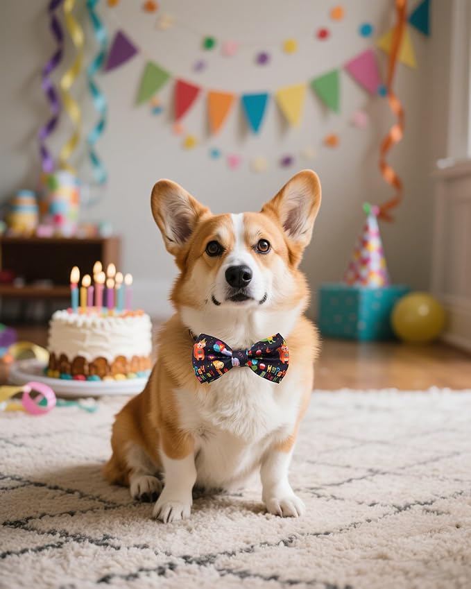 PET SHOW 5 Pack Happy Birthday Big Dog Bow Ties Sliding Collar Attachment Pet Bowties for Medium Large Dogs Party Balloon Cake Bowknots Collar Charms Grooming Accessories