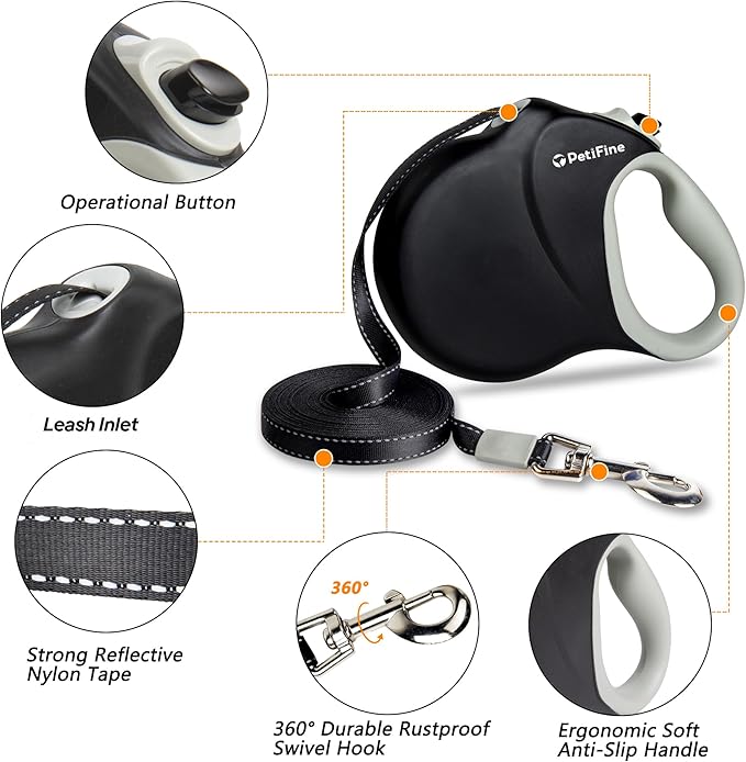 PetiFine Retractable Dog Leash for Large Dogs, 26 FT Heavy Duty Extendable Dog Leash up to 110lbs, Reflective Strong Nylon Tape, One-Handed Brake