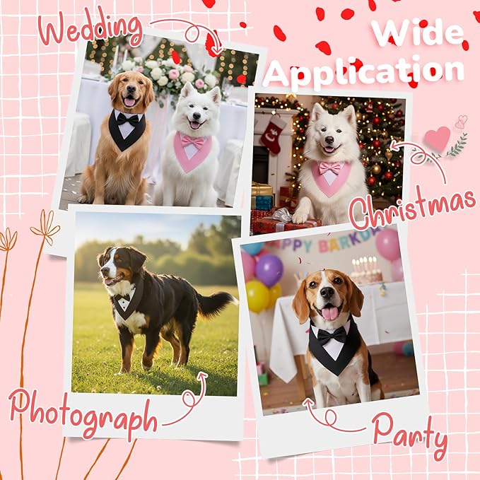 Gilprop 4 Pcs Formal Dog Outfit Dog Tuxedo Sets with Bowtie Wedding Dogs Bandana Collar with Nylon Leash Wedding Outfit Suit Adjustable Pet Party Costumes for Birthday(Black,Pink,Large:21"-24.5")