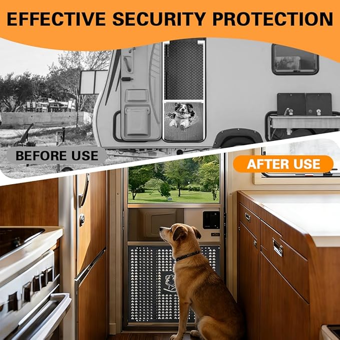 SKTYANTS RV Screen Door Protector Guard for Dogs - Black Adjustable Aluminum Alloy Grille (Fits 16"-31.7" Doors), Rust-Proof Pet-Proof Protector for RV Camper Travel Trailer Entry
