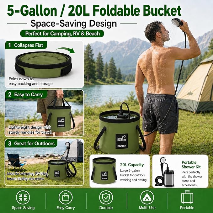 Portable Shower for Camping, 6000mAh Rechargeable Camping Shower with Intelligent LED Display, Foldable Bucket, 4 Spray Modes, IPX7 Waterproof Outdoor Camp Pump for Hiking, Travel, Car, Pet