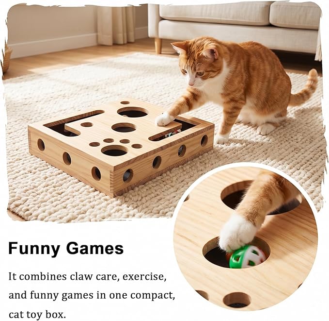 2026 New Cat Nail File Box, Cat Scratch Puzzle Enrichment Box with 1 Interactive Wand Toy & 3 Bell Balls, Cat Puzzle Feeder Scratch Puzzle Toy Gift for Indoor Cats, Trimming Nails