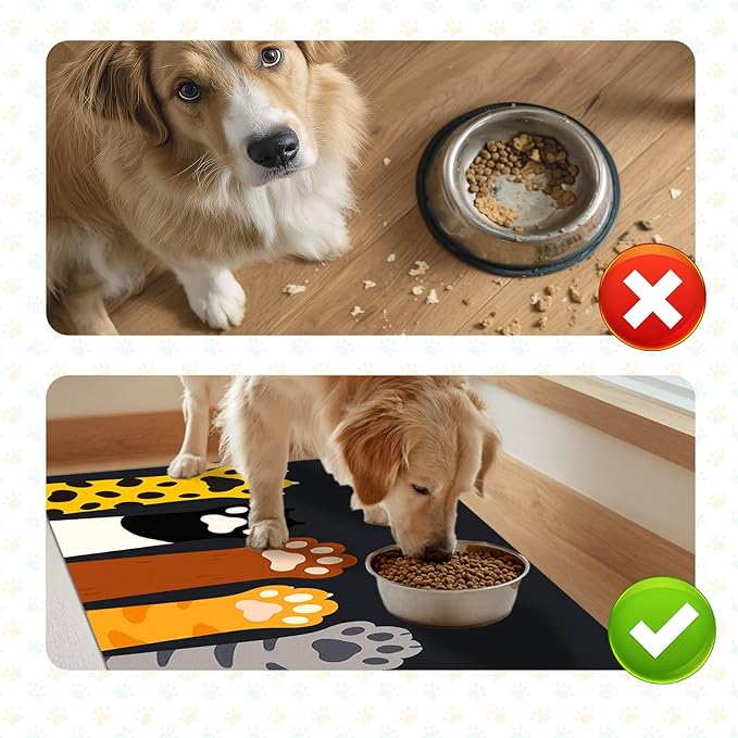 HOMETITUTE Cute Animal Paw Pet Food Mat Non Slip Spill Proof Feeding Pad for Cats Kittens Small Dogs Food and Water Bowl Mat Easy Clean Fast Dry Placemat for Pet Feeding Area Kitchen Decor 20" x 12"
