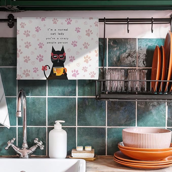 Quick-Dry Feline Enthusiast Kitchen Towels - Whimsical Cat Lady Art with Humorous 'Normal vs Crazy' Theme, Decorative Hand Towel for Women & Pet Lovers, funny Crazy Cat Lady Gifts Kitchen Accessories