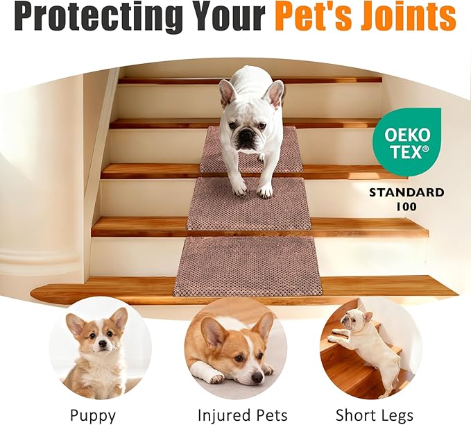 Dog Ramp for Stairs for Small & Senior Dogs and Cats – Non-Slip Stair Wedges for Dogs with Gentle Slope, Pet Ramp with Washable Cover & Self-Sticky Pads for Safe Climbing (Brown, 6 Pack)