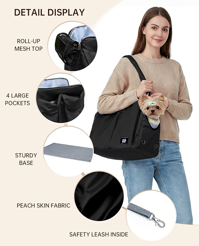 Dog Purse Carrier for Small Dogs Cats & Puppies, Soft-Sided Collapsible Pet Bag with 4 Large Pockets & Support Cushion, Breathable Lightweight Travel Carrier Fits Pets up to 13 lbs, Black