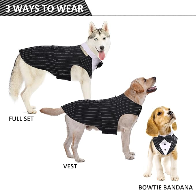 DORA BRIDAL Dog Tuxedo for Medium Dogs, Dog Suit and Bowtie, Formal Dogs Wedding Outfit, Pet Tuxedo and Bandana Set Valentines Birthday Costumes for French Bulldog, Pomeranian, Dachshund, Striped, M