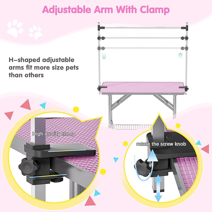 Dog Grooming Table, Adjustable Large Pet Drying Desktop, Foldable Bathing Desk with Arms, Noose, Mesh Tray, Maximum Capacity Up to 330Lb, 42in, Pink