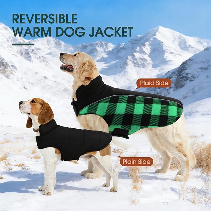 Kuoser Dog Winter Coat, Reversible Waterproof Dog Jacket with Reflective Strip, Warm Dogs Fleece Vest Adjustable Doggy Cold Weather Clothes Plaid Christmas Outfit Pet Apparel for Large Dogs, Green XL