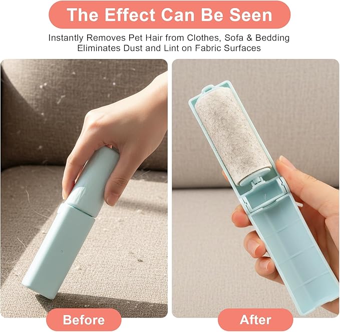 Foldable Travel Lint Roller Set, Washable Foldable Lint Remover, Portable Cleaning Roller with 4 Handles & 8 Refills, Reusable Pet Hair Remover for Clothes with Protective Cover