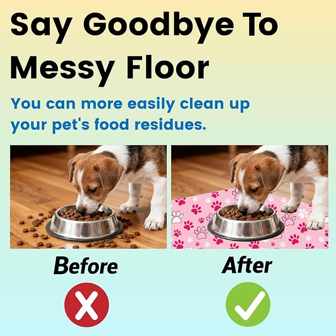 Dog Feeding Placemat Pink Cat Food Mat Small Cute Paw Print Pattern Rectangle Diatomaceous Earth Absorbent Quick Dry Pet Feeding Rugs Protect Floors for Food and Water Supplies 20 x 12 Inch