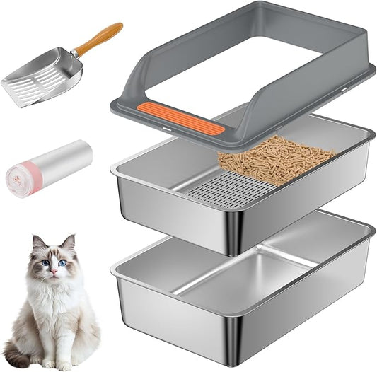 Stainless Steel Sifting Litter Box with Lid, Sifting Cat Litter Box for Pine Pellets & Small Cats,Metal Pellet Sifter Litter Pan System for Odor Control,Sifting Box Liners & Scoop