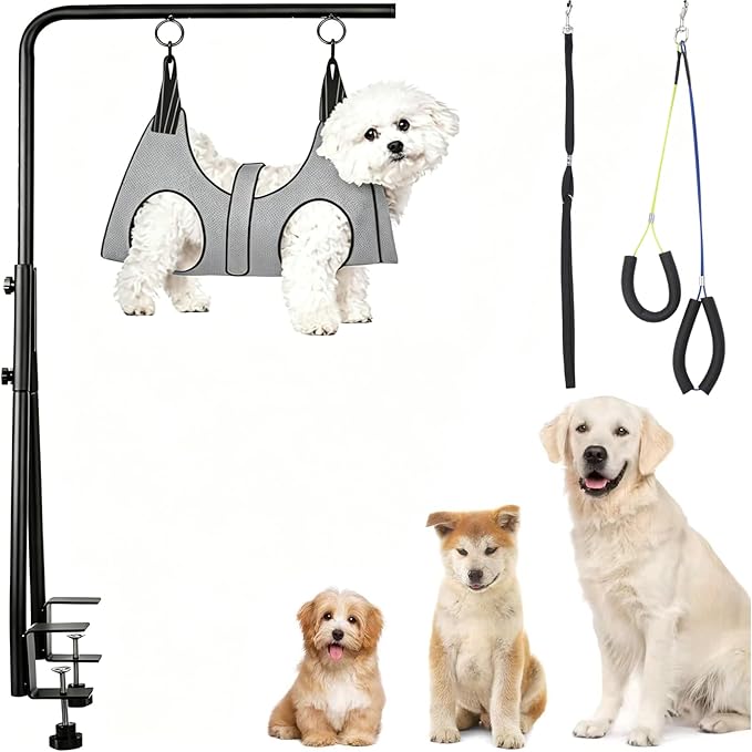 Adjustable Dog Grooming Arm with Dual Clamp, 23″–35″ Height, Dog Grooming Table Arm with Hammock and No-Sit Holder, Grooming Restraint for Small Medium Dogs at Home or Salon
