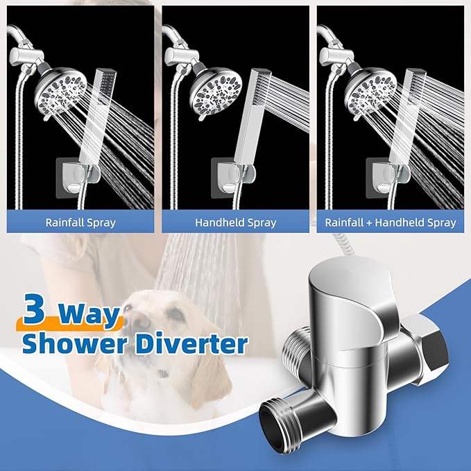 Hibbent cUPC Certified All Metal Dog Sprayer Attachment Set, Stainless Steel Pet Shower Sprayer for Dog Washing & Bathing, 4 Sprays Handheld with Pause Mode, Brass Shower Arm Diverter &119" Hose