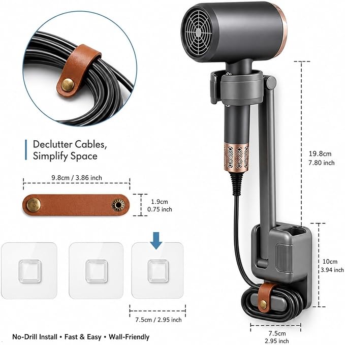 Hands Free Hair Dryer Holder Wall Mount, No Drill Installation, Damage-Free Wall, Adjustable Arm, With Cord Storage，Storage Slot，For Home & Hotel Bathroom, Bedroom Vanity, Fits Most Hair Dryers (Gray)