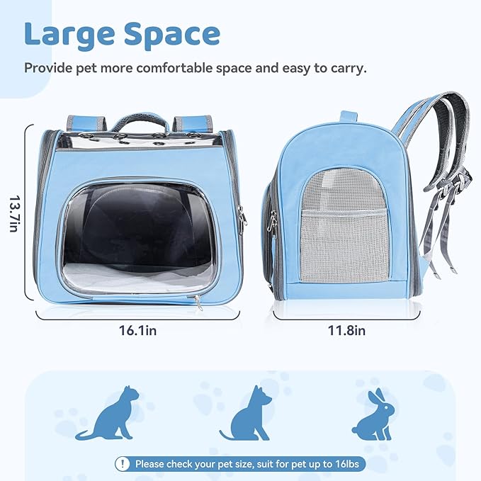 Cat Soft-Sided Carrier Backpack, Breathable Mesh Foldable Pet Travel Carrier with Reinforced Support, Portable Puppy Carrying for Kitty Up to 15lbs (Blue)