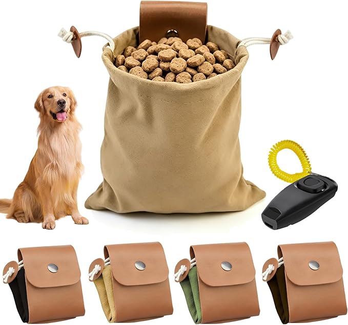 Dog Treat Pouch with Training Clicker & Whistle - Stylish & Portable Large-Capacity Foldable Pet Training Pouch with Wlastic Belt for Outdoor Use/Pet Training (Khaki)
