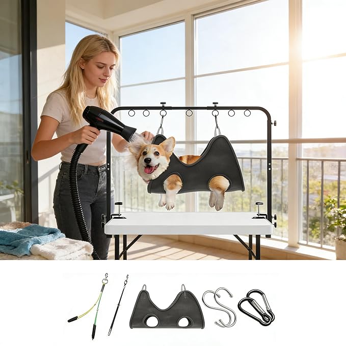 Dog Grooming Table Arm with Hammock 42'' Height, 27''39'' Width, Clamp Fits up to 2.76'', with Hammock & 2 Nooses Portable Pet Grooming Station for Nail Trimming, Cats & Dogs at Home