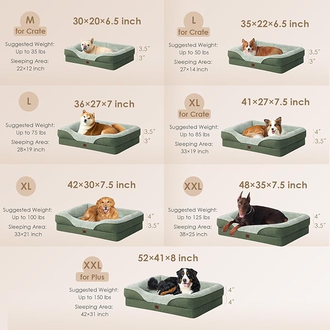 EHEYCIGA Orthopedic Dog Bed for Medium Dog, 35x22 Inch Memory Foam Dog Couch Bed with Sides, Waterproof Liner & Washable Removable Cover, Bolster Pet Sofa, Green