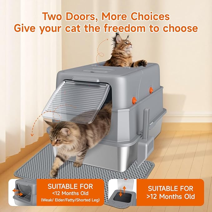 Stainless Steel Litter Box with Lid, High Sided Enclosed Metal Litter Box for Big Cats, Easy Cleaning Anti-Urine Leakage, Non-Sticky Cat Box, Front Entry Top Exit KittyBox, Includes Mat & Scoop
